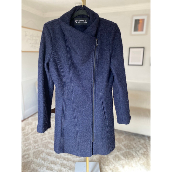 Guess Los Angeles Wool Coat Navy Asymmetrical Zip Quiet Luxury Cottagecore Trend - Picture 2 of 16
